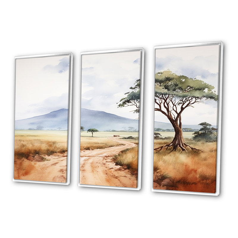 «African Wild Life Landscape III», ensemble d'art mural africain, Cadre flottant blanc, H 32 po x l 48 po x P 1 po