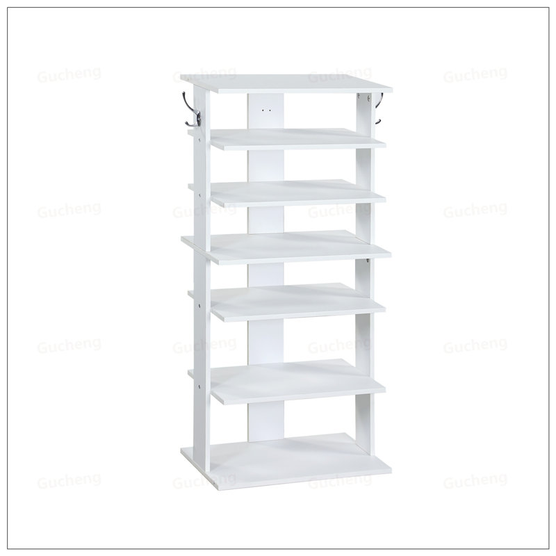 7-Tier Vertical Shoe Rack With Hooks, Space-Saving Entryway Organizer For Multiple Footwear Storage And Easy Access, White