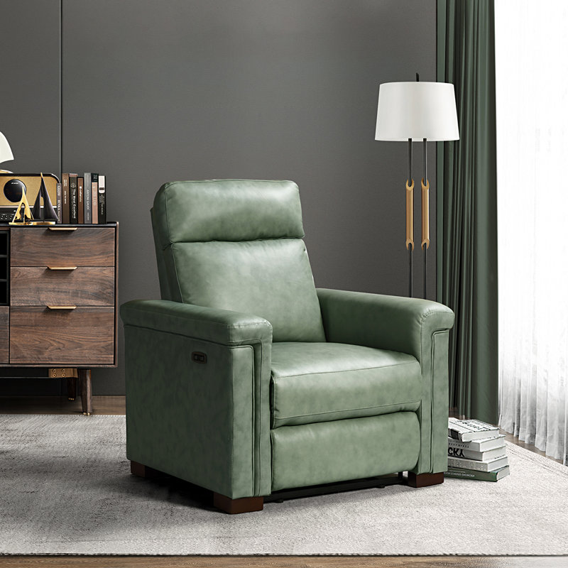 Westdale 36.02'' W Genuine Leather Power Standard Recliner with Solid Wood Legs, Gray