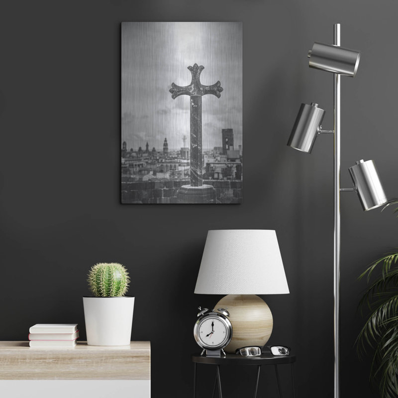 «Cathedral View Barcelona Bw» par Nathan Larson, art mural en métal, H 24 po x l 16 po