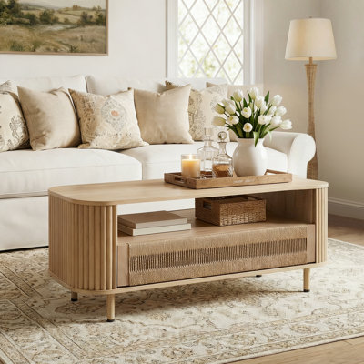 Cord Coffee Table with Storage Drawer and Open Shelf for Living Room