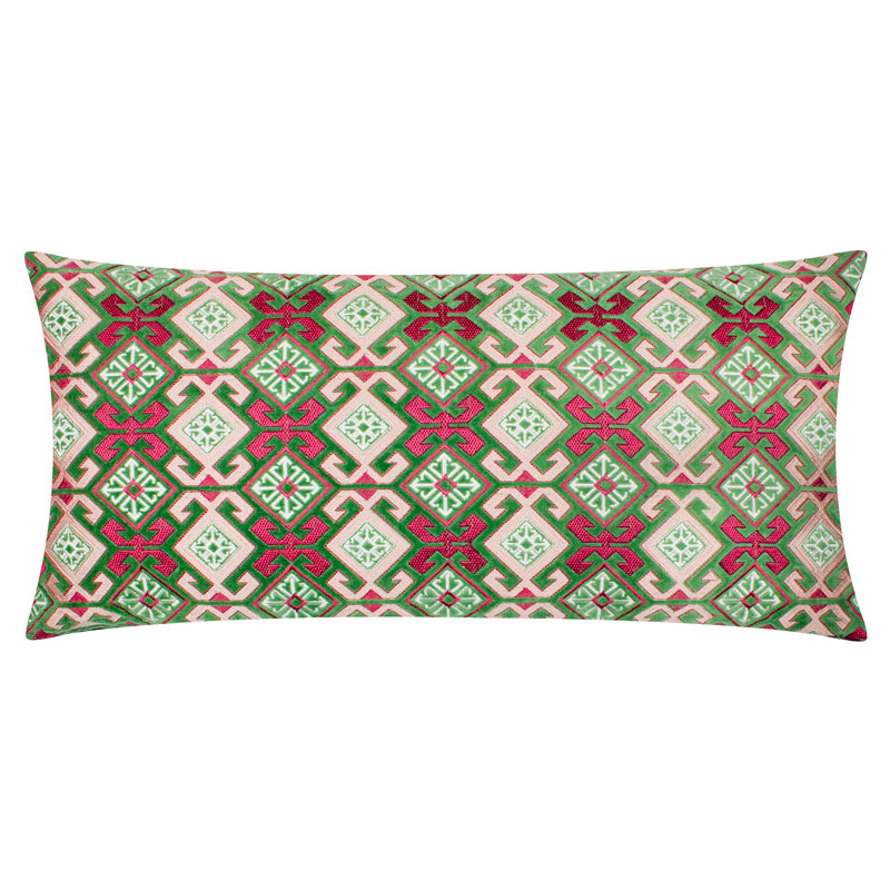 Laurel Geometric Rectangular Throw Cushion With Filling, Green/Pink