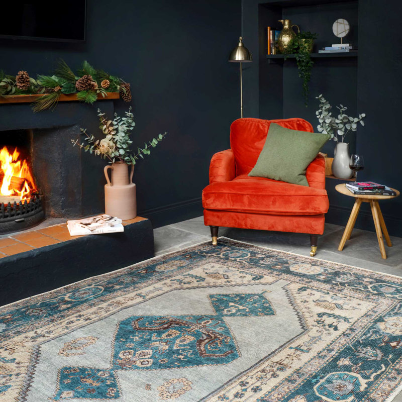 Machine Washable Dark Blue Traditional Persian Style Distressed Living Room Area Rug, Rectangle 60 x 110 cm