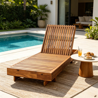 Outdoor Chaise Lounge Chair With 6-Position Adjustable Backrest,Acacia Solid Wood,TEAK COLOR (Only LOUGNE FRAME, Not Include Cushion)
