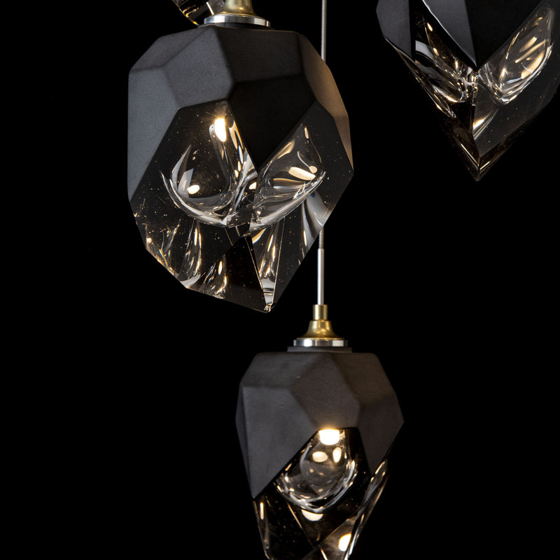 Chrysalis 9 - Light Cluster Geometric Pendant, Black Polished Crystal, Modern Brass, 15" - 80"
