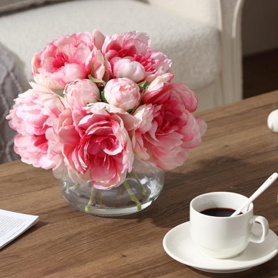 Takywep Pink Artificial Peonies with Vase, Silk Peony Flower Arrangement with Faux Water, Fake Peonies Bouquet for Table Centerpiece, Wedding Decor, Home Living Room Decoration