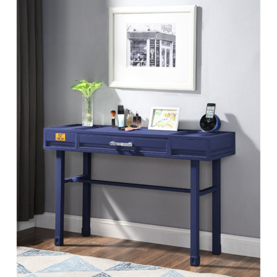 One Drawer Blue Metal Vanity Desk With Straight Legs, Recessed Panels, Bearing 3/4 Ext., Fully Finished Inside Frame, 40 X 40Mm Iron Plate Top, Side Glide Stop