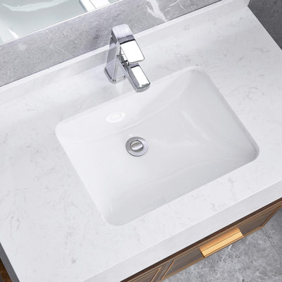 White Rectangular Undermount Bathroom Sink With Overflow Hole