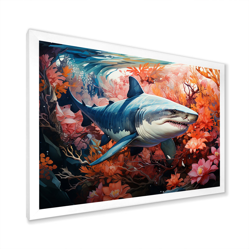 " Lemon Shark Encounter Landscape ", 24" H x 32" W x 1" D, White Single Picture Framed