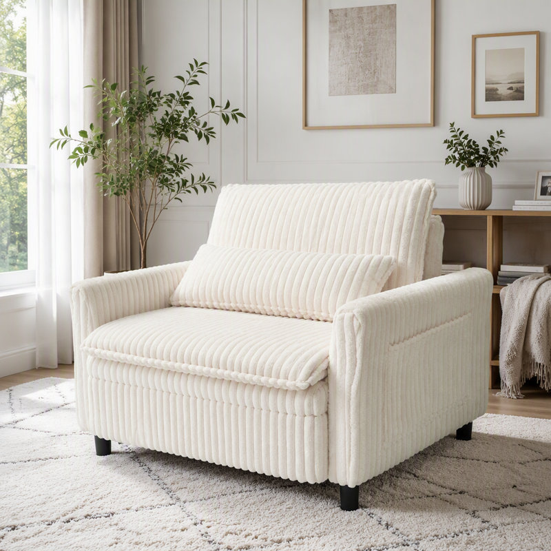 Fauteuil d'appoint confortable en velours côtelé avec coussin pour les petits espaces, Beige