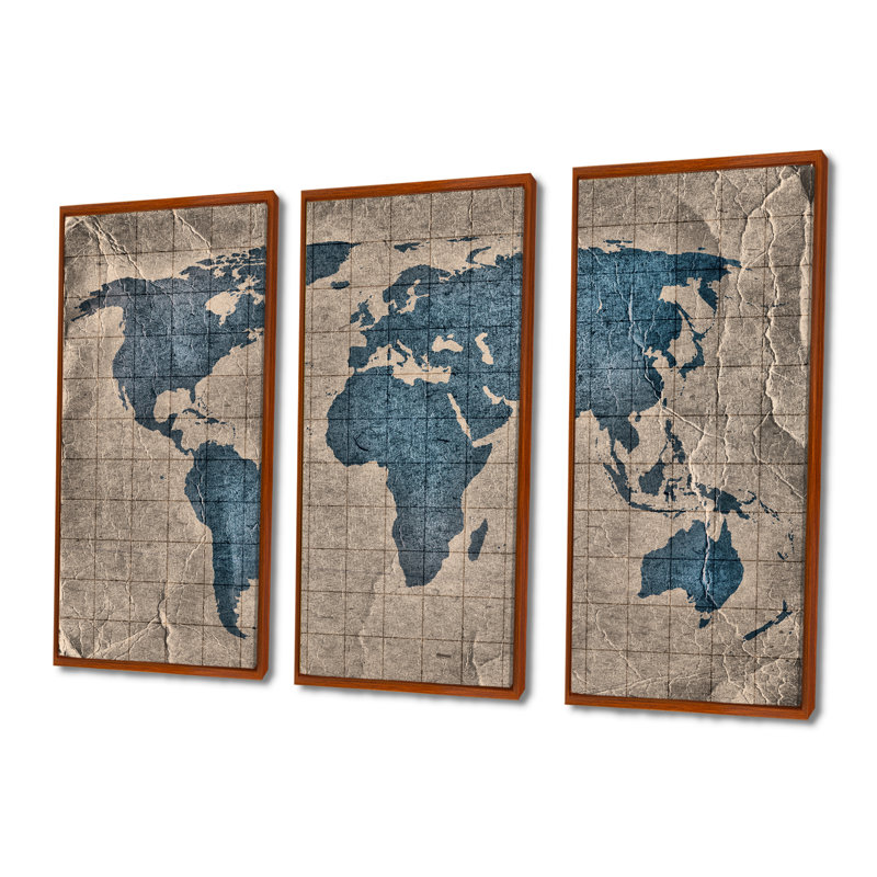 Ancienne carte du monde I - 3 pièces sur toile, cadre flottant, H 28 po x l 36 po, Brun