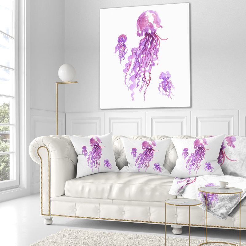 Aquarelle de méduse mauve - coussin imprimé animal, 16 po x 1 po, Coussin décoratif