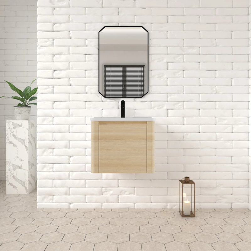 Meuble-lavabo suspendu minimaliste en chêne blanc de 61 cm (24 po) - Meuble de salle de bain de luxe