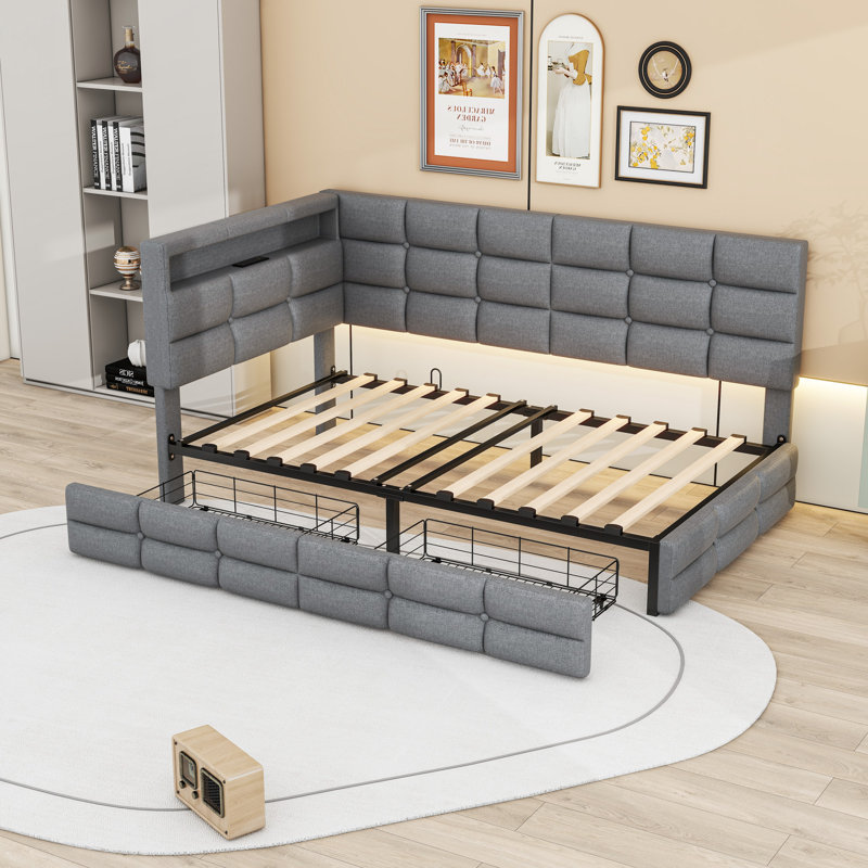 Lit de jour simple rembourré avec tiroirs de rangement, lumière DEL et port USB, Gris