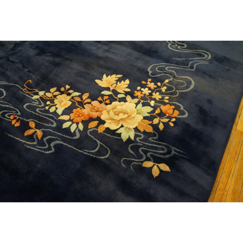 Antique Wool Hand Knotted Pile Blue 1920s Rug