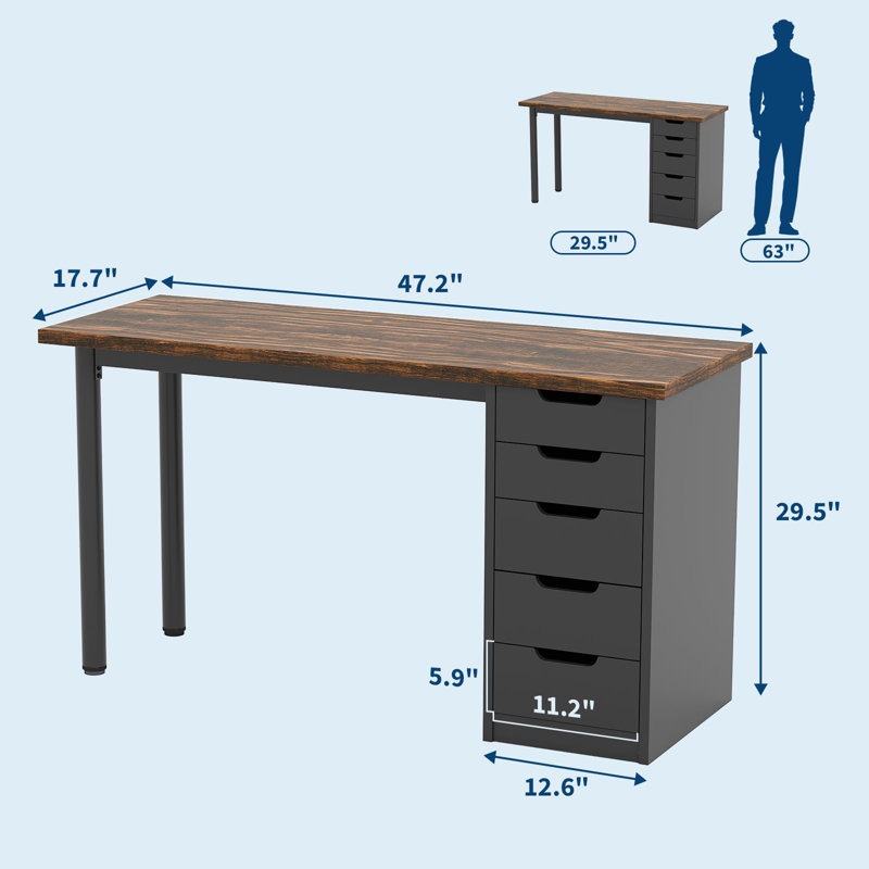 Bureau d'ordinateur 47 po avec 5 tiroirs, table d'écriture moderne avec rangement et robuste, Noir