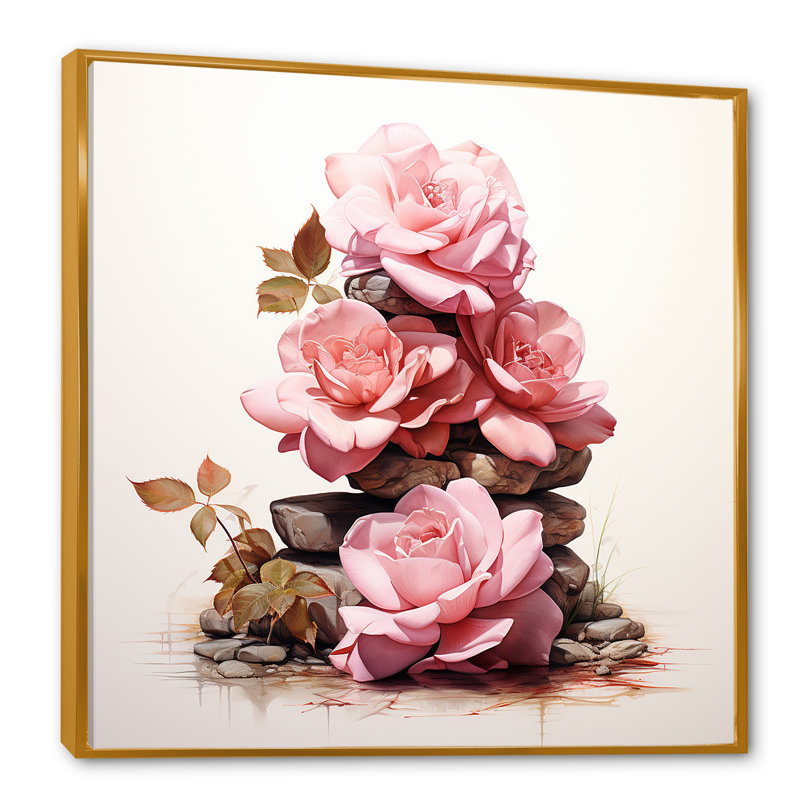 Rose rose empilée sur des pierres spirituelles II - Art mural rose, Cadre flottant doré, 36" H x 36" W