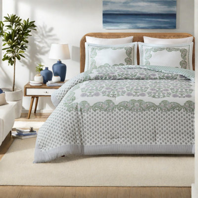 -Piece King Comforter Bedding Sets, Sage Floral Cotton Blend, All-Season