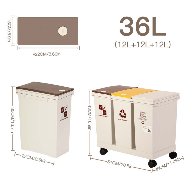 36L/9.51Gallon Rectangular Kitchen Trash Can with Wheels