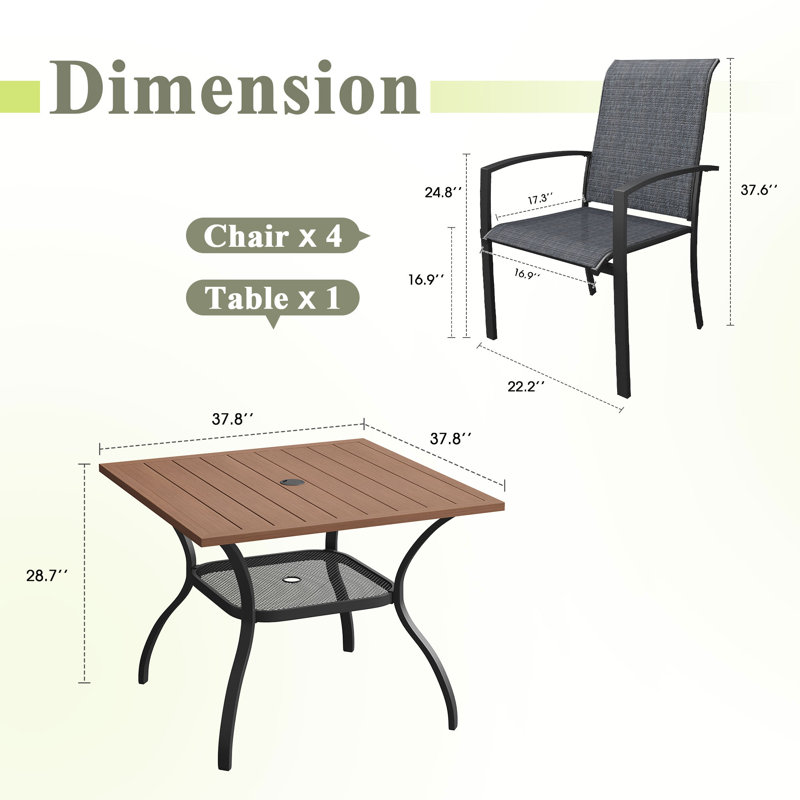 4-Person Square Patio Dining Set With Stackable Textilene Chairs, Brush Wood Brown/Black