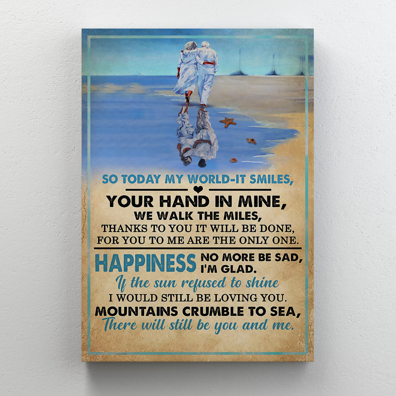 «Old Couple On Beach - So Today My World It Smiles», reproduction d'art graphique sur toile tendue