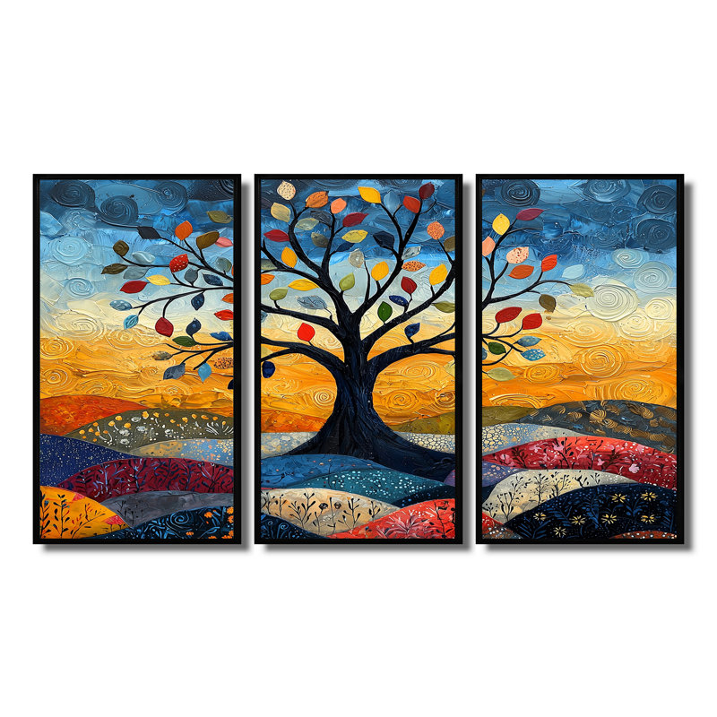 Ensemble d'art mural orange arbre de vie II - Arbre de vie orange, Toile avec cadre flottant noir, H 28 po x l 36 po x P 1 po