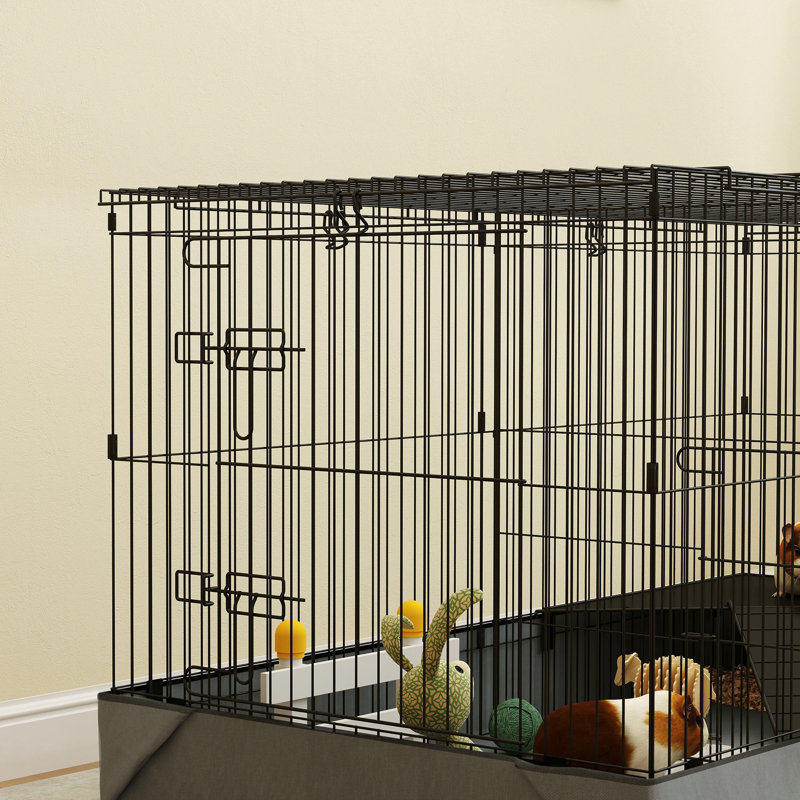  Cage de cochon d'Inde avec plateau amovible, parc pour animaux de compagnie avec 2 espaces séparés, doublure imperméable, rampe, perchoir, pour lapins, hérissons, cochons d'Inde, noir