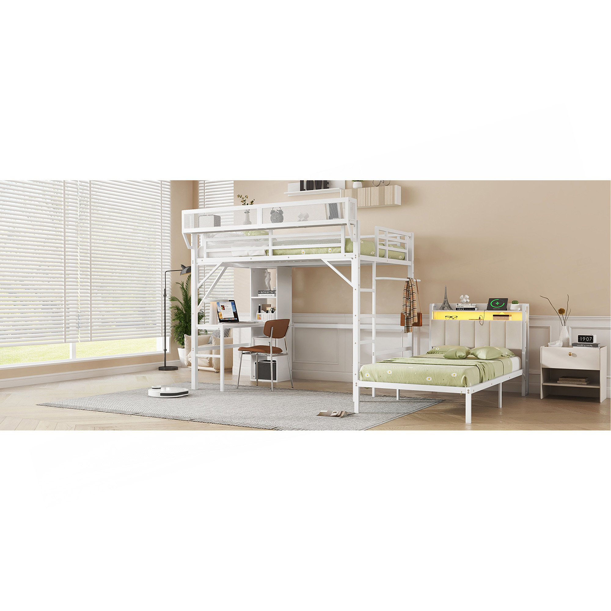 17 Stories Full Over Twin Metal Bunk Bed With Desk And Bookshelves ...