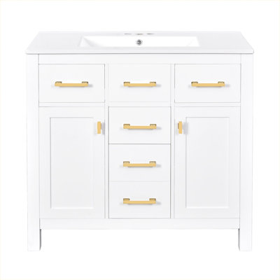 Ensemble de meuble-lavabo 36 po avec lavabo en céramique 36 po, armoire de salle de bain simple autoportante moderne avec 4 tiroirs et 2 armoires, meuble de rangement pour la salle de bain, ensemble de meuble-lavabo avec cadre en bois massif
