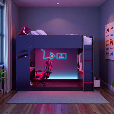 Lit mezzanine en bois pleine grandeur avec bureau à hauteur réglable, tiroirs, compartiments de rangement, tringle à suspension et lumières RVB