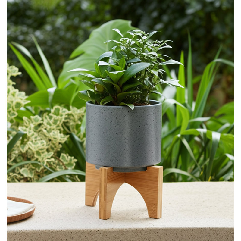 Ceramic Planter with Bamboo Stand - Modern Plant Pot with Elevated Base for Indoor Use, 1, Dark Gray, 7" H x 5" W x 5" D