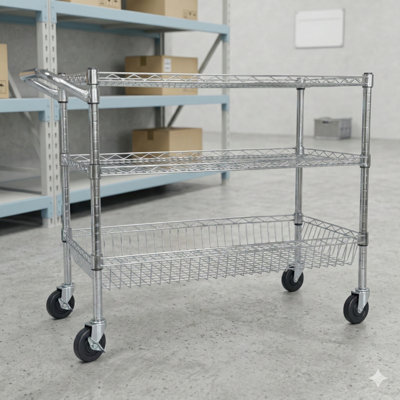 Heavy-Duty Rolling Utility Cart With Three Tiers, Featuring Wheels, A Handle Bar, And Shelf Liners. Dimensions: 36X18x32 Inches. Suitable For Storage In Kitchens, Restaurants, Plant Displays, Finished In Chrome.