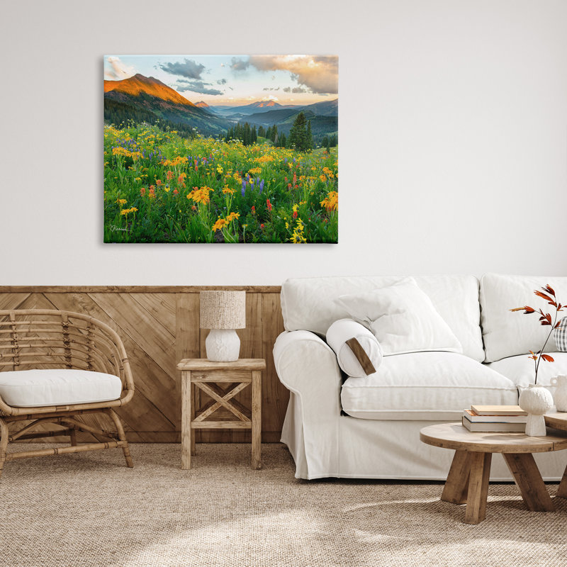 «Open Wildflower Fields Cloudy Sunrise Mountain Landscape» par J.C. Leacock - photographie, H 36 po x l 48 po, Toile tendue