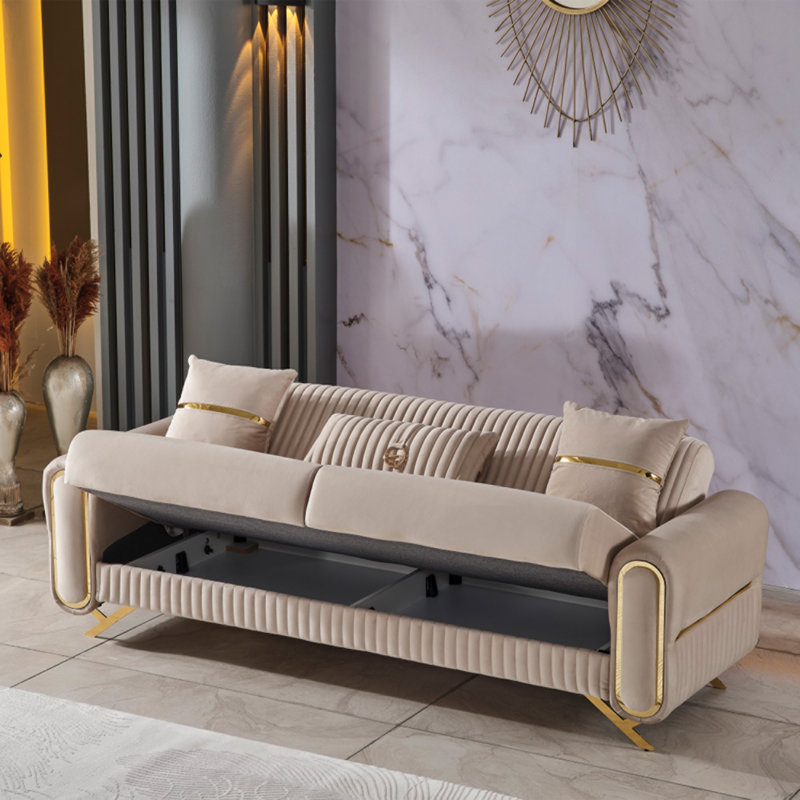 Canapé-lit convertible en velours Royal Lux, Beige, Doré