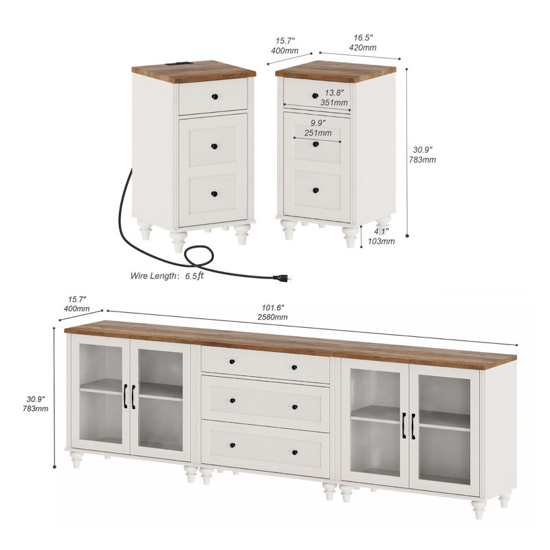Ensemble de table de salon Farmhouse, meuble télé 101 po et deux tables de bout, Blanc