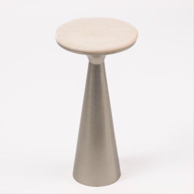 Modern White Marble Top Accent Drink Table with Brushed Black Pedestal Base