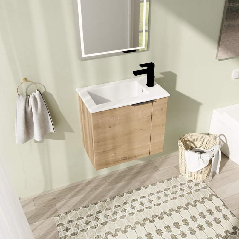 Ensemble de meuble-lavabo mural simple avec plateau en céramique 22,07 po Oreta, Brun clair