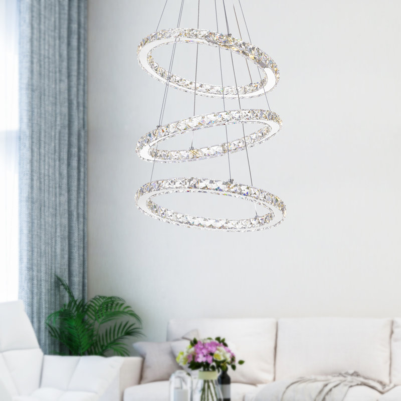 Ring 16-Inch Triple Halo Integrated LED Chandelier Chrome Finish for dining rooms, living rooms, foyers, and large entryways.