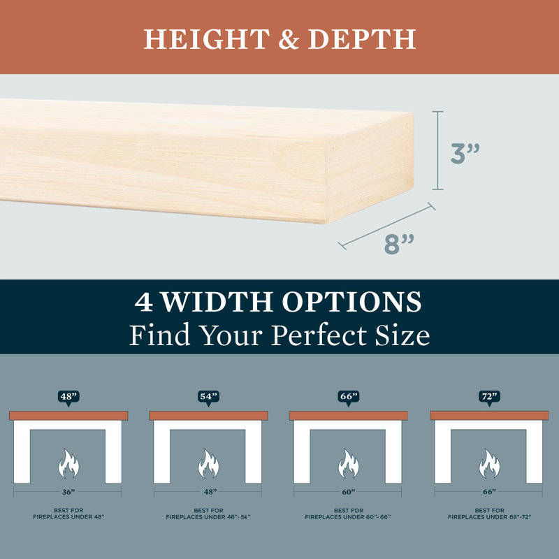 Modern Ember Vara Wood Mantel Shelf - 3 Inch Height - Variations in Grain and Natural Distressing, Unfinished, 72"
