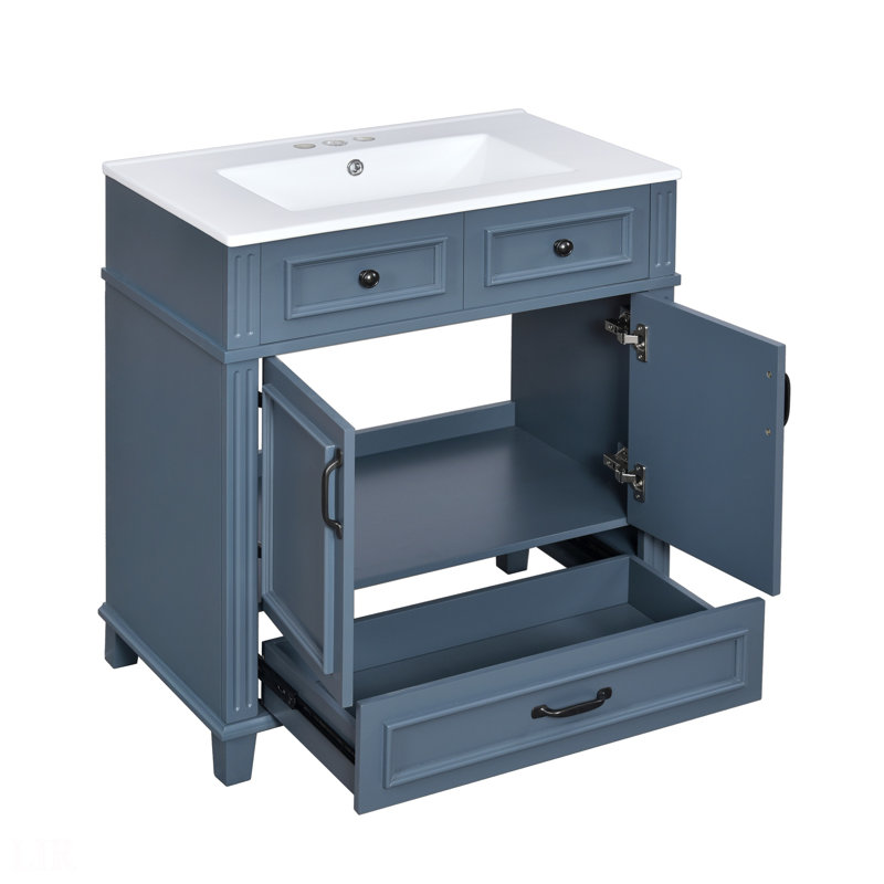 Meuble-lavabo de 30 po avec lavabo en céramique, armoire de rangement en bois massif avec portes à fermeture douce, meuble-lavabo
