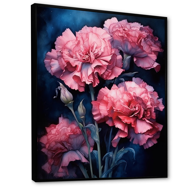 Œillets roses sur encre bleu marine - Œillets, impressions d'art mural, H 32 po x l 16 po x P 1 po, Cadre flottant noir
