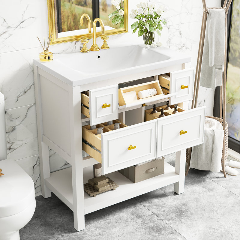 Ensemble de meuble-lavabo simple 30 po avec 5 tiroirs, ensemble de meuble-lavabo autoportant avec cadre en bois massif 30 po
