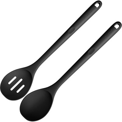Cuillères en silicone résistantes à la chaleur de 600 ° F: cuillère de cuisine solide et rainurée en U 13,3 po U-Taste, long ustensile en caoutchouc antiadhésif, robuste pour mélanger, servir, remuer, frire, égoutter (noir, 2 pièces)