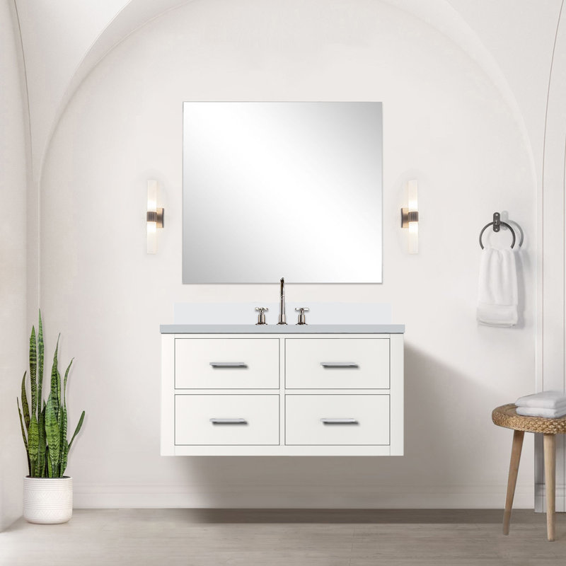 Ensemble de meuble-lavabo simple avec plateau en marbre de culture et robinet, Blanc