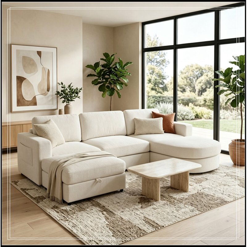 Canapé modulaire en U avec repose-pieds courbé et repose-pieds avec rangement, Beige