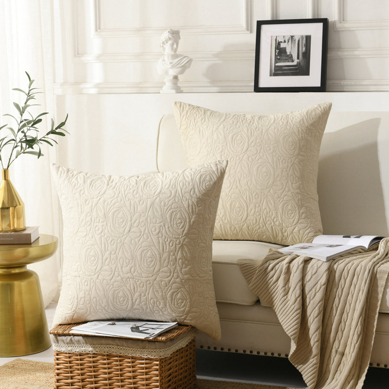 Beige Embroidered Cotton Euro Sham Covers, 20x20, Set of 2