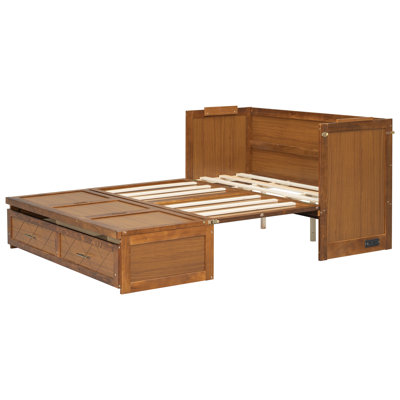 Grand lit escamotable avec station de charge et tiroir de rangement divisé, armoire-lit en bois de pin massif avec panneaux à motif géométrique en losanges, finition noyer