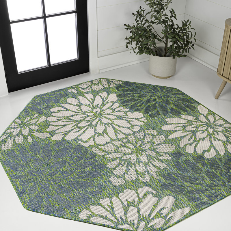 Tapis intérieur / extérieur crème / vert Zinnia, Octogone 5 pi 3 po