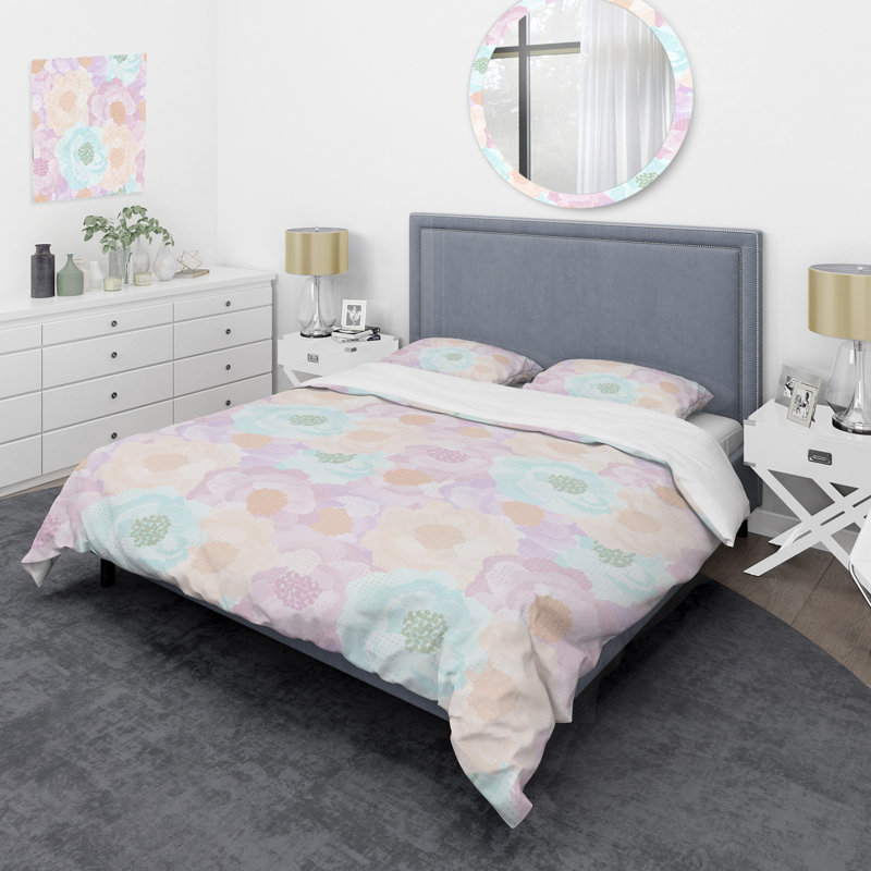 Blue and Pink Roses - Ensemble de housse de couette floral - Polyester microfibre