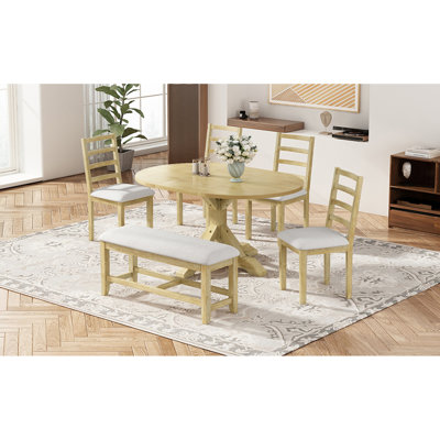 Farmhouse 6-Piece 60inch Extendable Pedestal Dining Table Set with 18inch Removable Leaf, 44inch Bench and 4 Ladder Back Dining Chairs